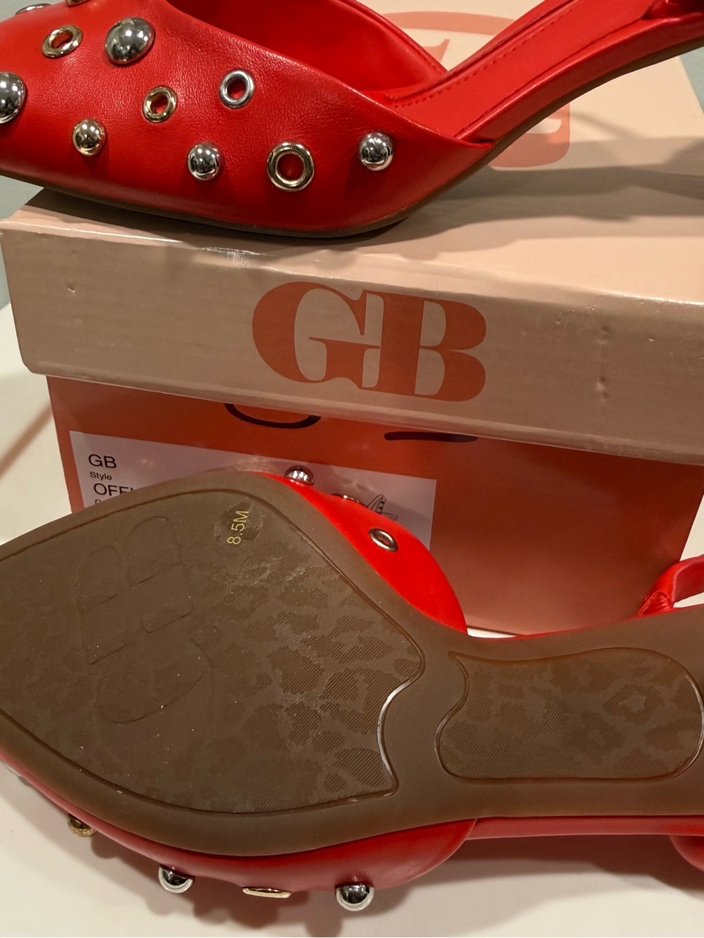 GB Office Siren Red Studded Pointed-Toe Slingback Heels - Picture 6 of 6